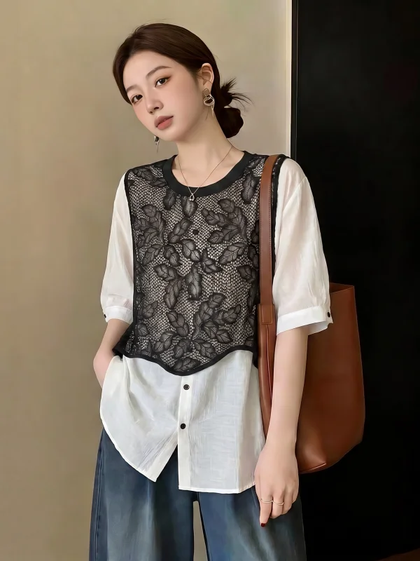 

Lace Hollow out Short Sleeve Women's Shirt Korean Style Commute Wind Loose Fit Summer New Arrival plus Size Middle Length Top