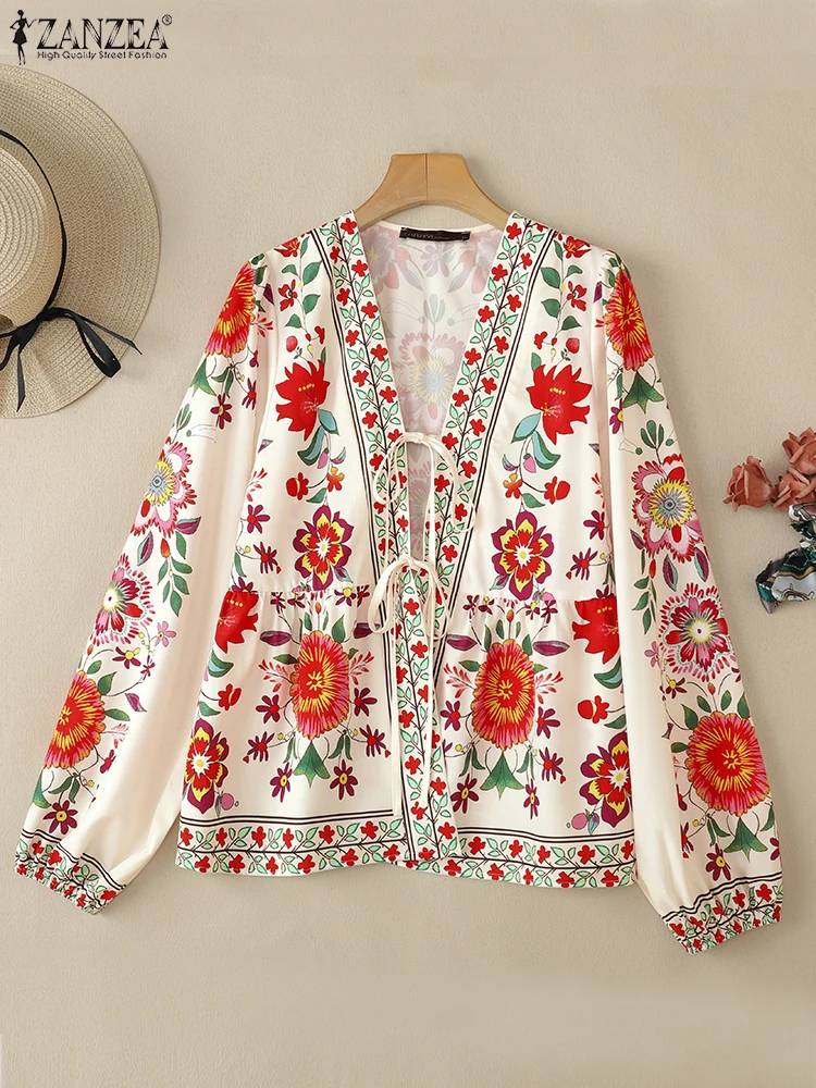 Damska bluzka z nadrukiem w stylu boho ZANZEA 2025 letni sweter topy moda z długim rękawem koszula wakacyjna damska plaża Blusas tunika