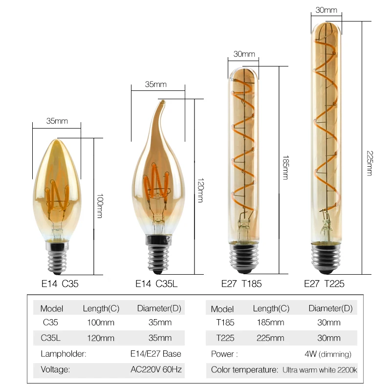 6pcs/lot Retro LED Spiral Filament Light Bulb 4W 2200K 220V E14 E27 C35 A60 T45 ST64 T185 T225 G80 G95 Vintage Edison LED Lamp