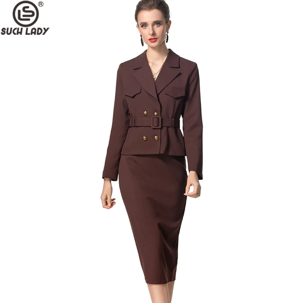 

Women's Twinset Noctched Collar long Sleeves Blazers with Pencil Skirt Two Piece Dress Sets