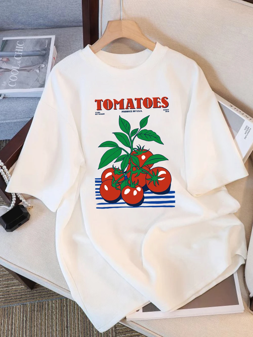 

Summer T-Shirts Women Cotton Healthy Tomatoes Print Tops Loose O-Neck Soft Comfortable Short Sleeve All-Match Womans Clothes