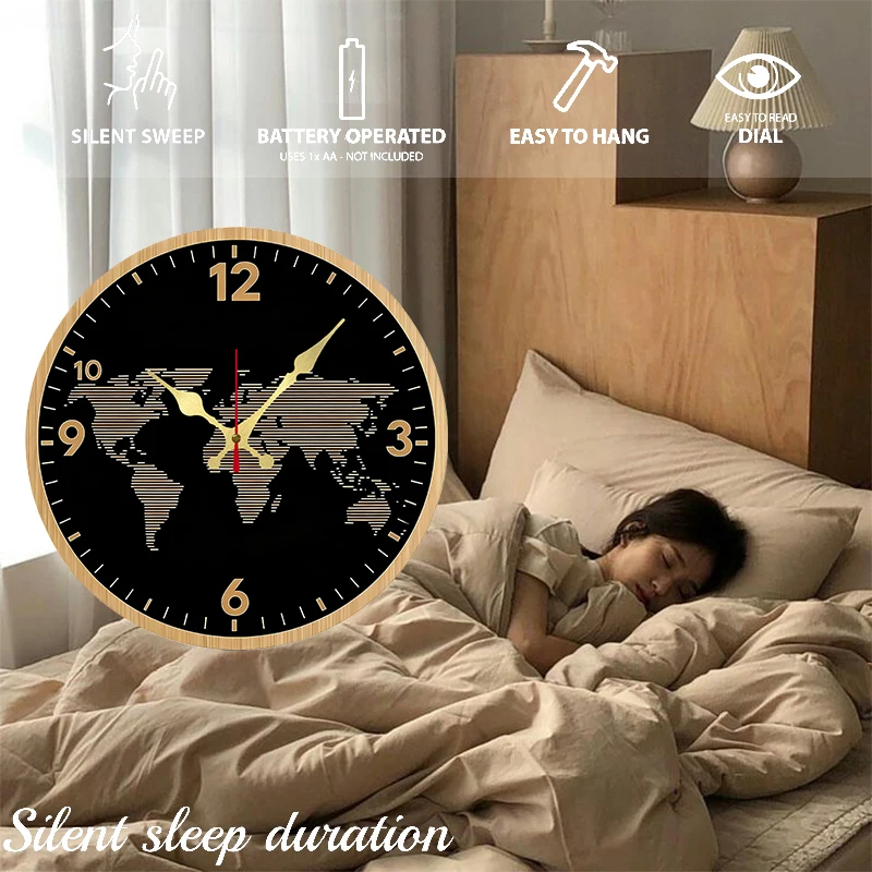 Orologio da parete sospeso silenzioso rotondo in legno a tema mappa del mondo, adatto per soggiorno, ufficio, sala studio, camera da letto, decorazione domestica