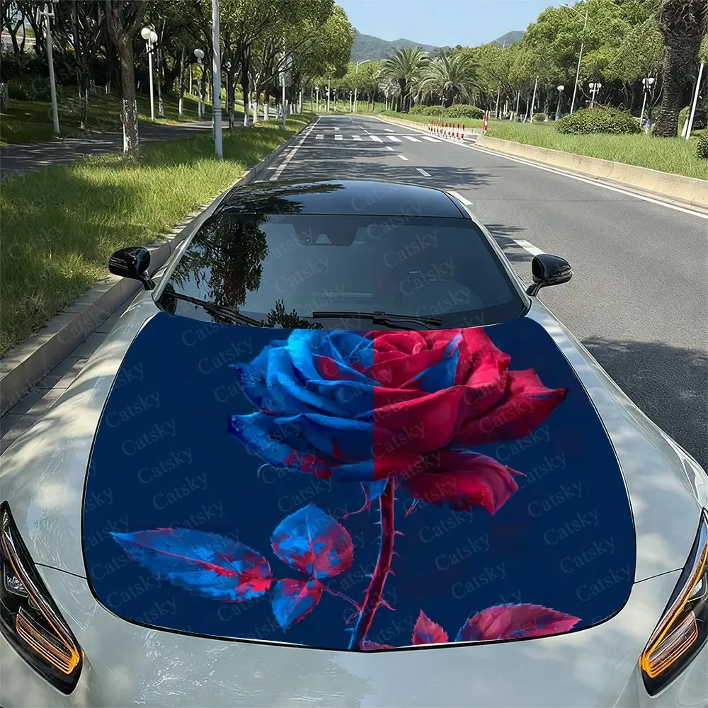 Blue And Red Roses Car Hood Film, Hood Decoration Sticker, Truck Hood Film, Domineering Appearance, Advanced Adhesive, Durable V