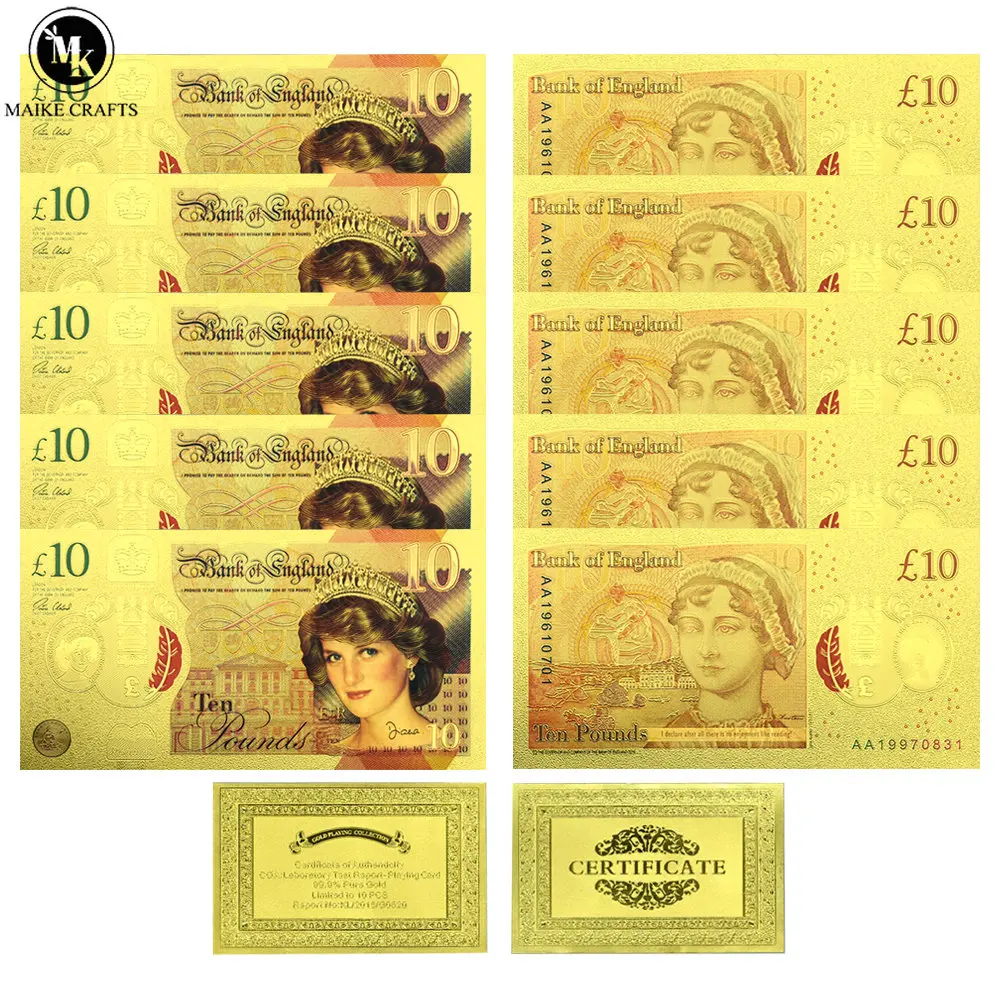 10pcs Diana of Britain £10 Gold Foil Banknote Britain's Last Rose Commemorative Banknote Collection of Festive Gifts