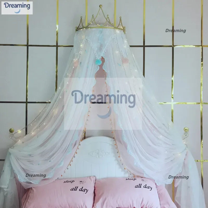 

Princess wind bed mantle bed curtain household bedroom children's room decorative yarn lace triangular hairball feather embroide