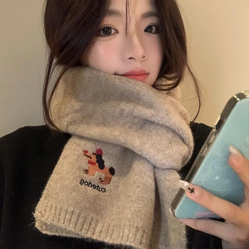 

Wool Blend Thick Warm Women's Scarf - Korean Puppy Embroidery Fashion Knitted Shawl Neck Warmer for Winter