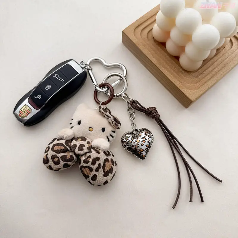 Hello Kitty hecho a mano lindo patrón de leopardo juguete de peluche Otoño Invierno muñecas correa de teléfono llavero decoración bolsa colgar regalo para niñas