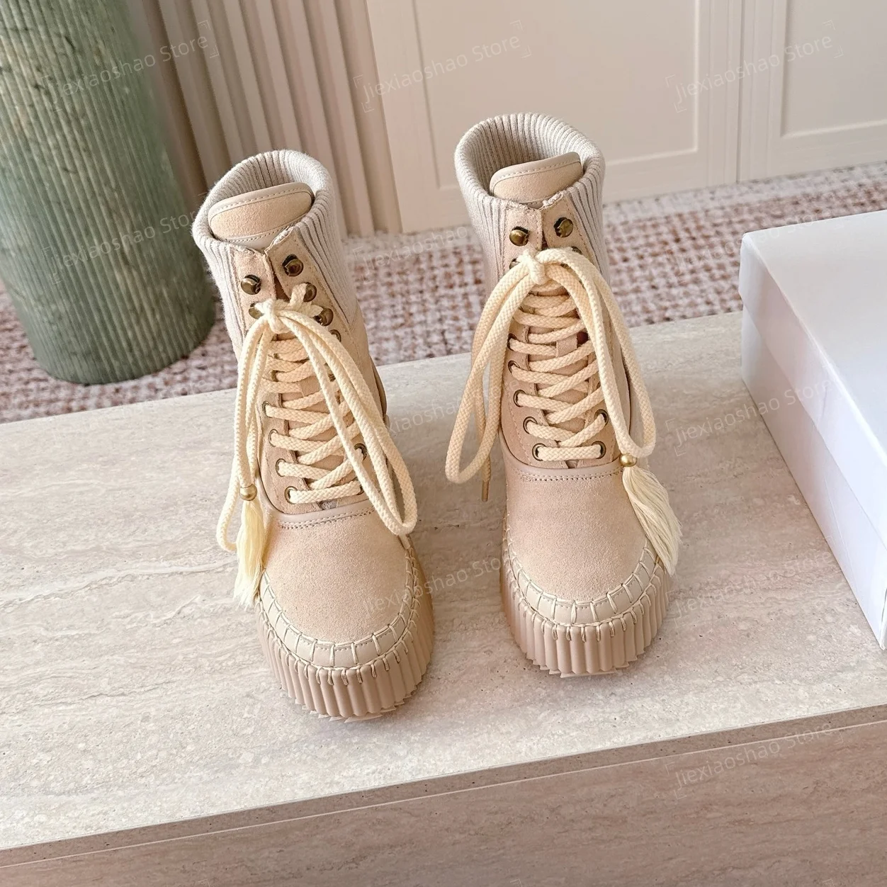 Newest Arrival Desinger Cow Suede Round-Toe Thick Sole Lace-Up Chelsea Boots Platform Sneakers Shoes Handmade Zapatos De Mujer