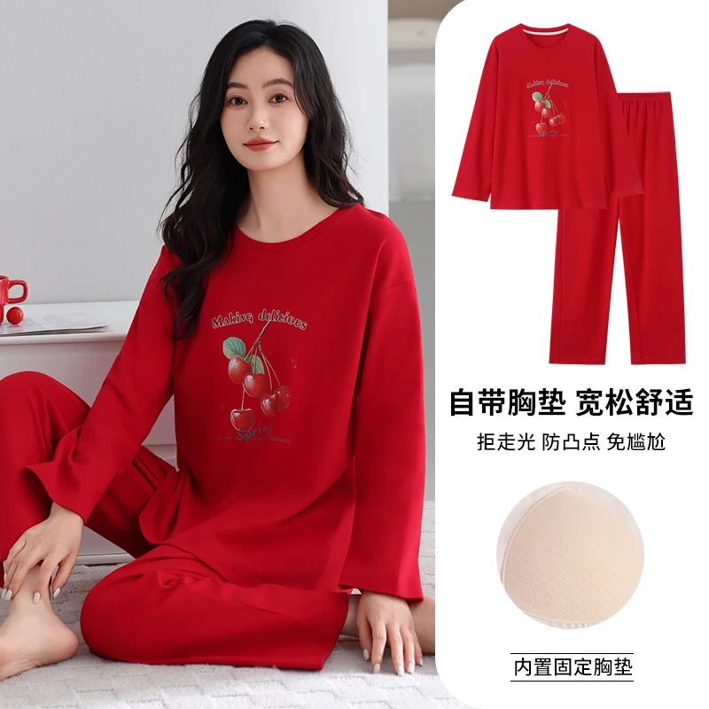 

High Quality Spring and Autumn Women 100% Cotton Pyjamas Female Long Sleeve Sleepwear With Chest Pad