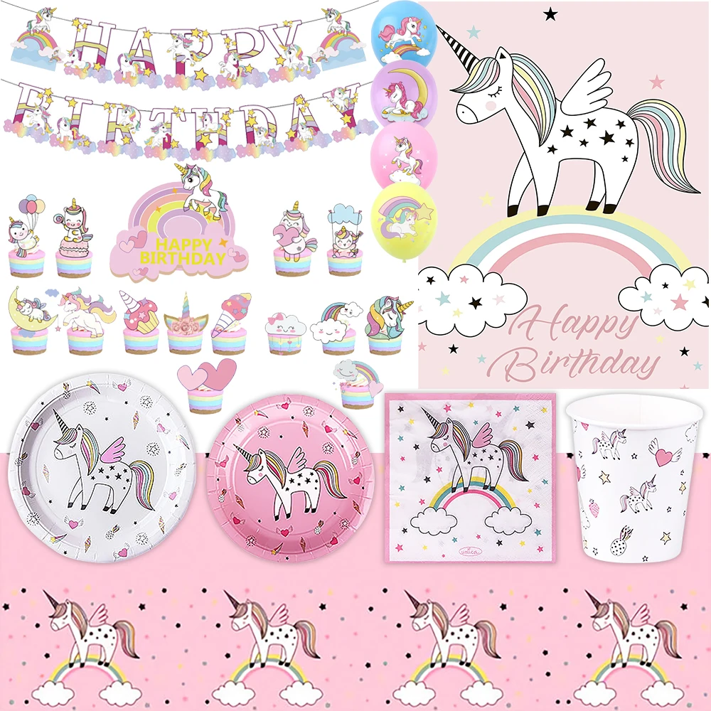 Cartoon Cute Dreamy Unicorn Theme Birthday Party Decoration Supplies Disposable Cutlery Balloon Background Suit Baby Shower Gift