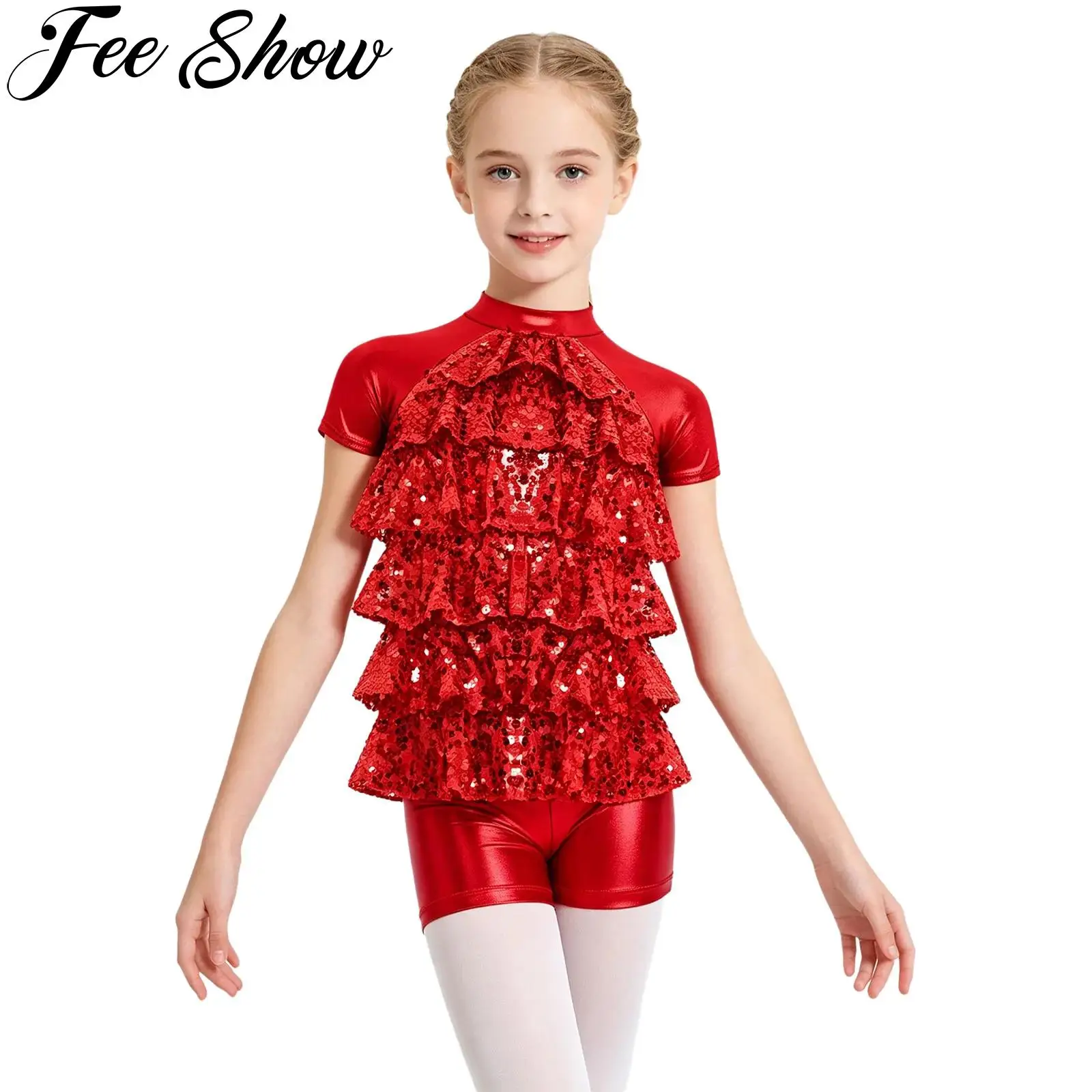 Kids Girls Metallic Modern Jazz Dance Outfit Short Sleeve Sequins Tiered Ruffle Top with Shorts Cheerleading Hip Hop Streetwear 2