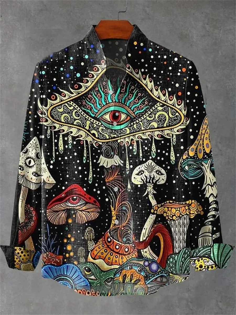 2025 Spring and Autumn Hot Selling Men's Linen Long Sleeve Shirt Retro Pattern Printed Shirt Casual Fashion Top