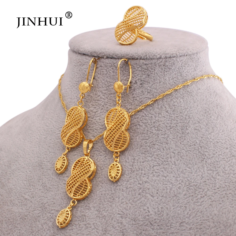 Ethiopian gold plated jewelry african dubai bride wedding luxury gifts necklace Pendant earrings ring jewelry sets for women