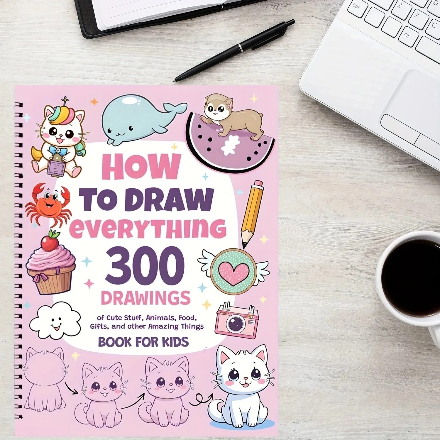 

Книга для рисования Как нарисовать все 300 рисунков милых животных, еды и удивительные вещи. Симпатичные пошаговые простые рисунки. Подарок.