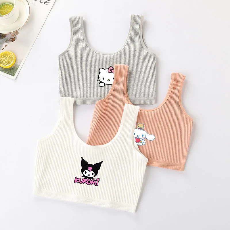 Kawaii Cinnamoroll Children's Cotton Bra Cartoon Hello Kittys Teenage Solid Tops Girl's Camisole Vest Underwear Adolescent Gift