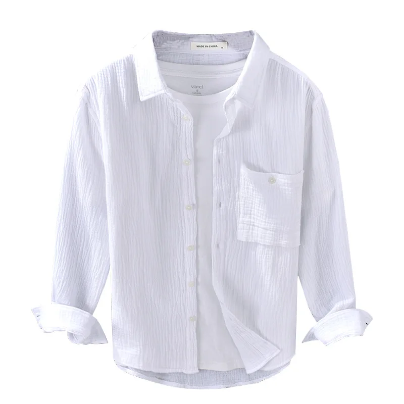 2024 Men's Autumn Double-Layer Yarn White Long-Sleeved Shirt Youth Casual Crumpled Soft Cotton Linen Shirt