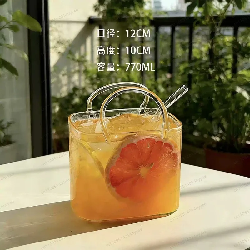 Glass Purse with Glass Straw Handbag Shape Wine Cup Creative Cocktail Glass Cups Drinking Mug for Fruit Juice Tea Coffee Flowers
