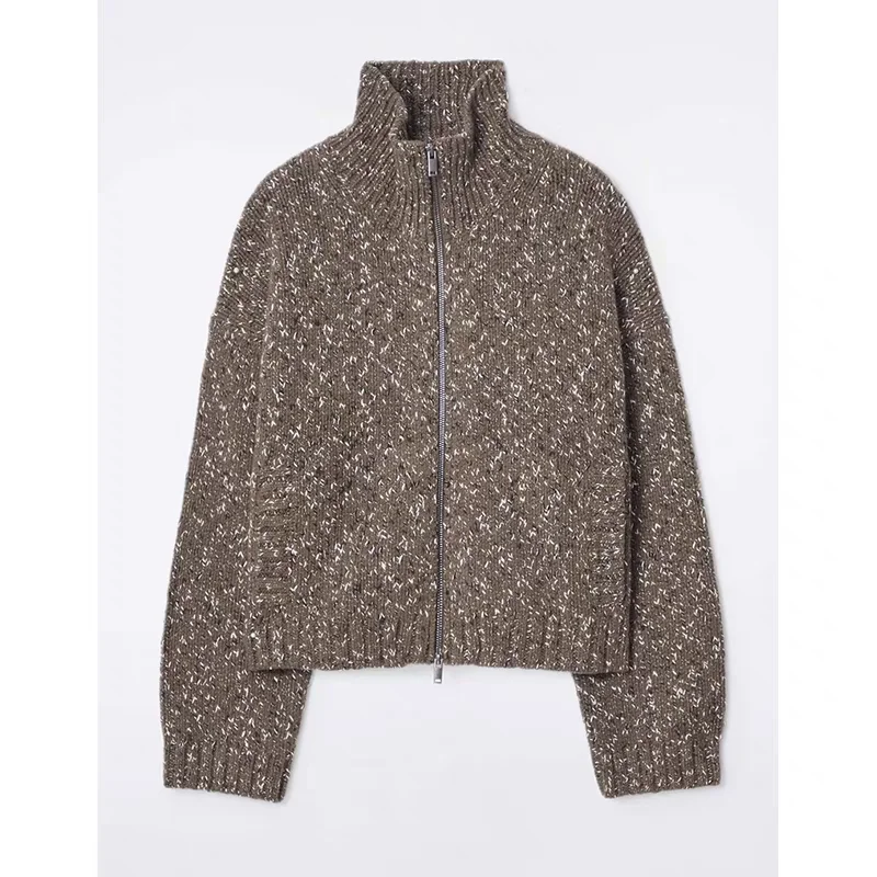 カジュアルウールテクスチャジッパーニットセーターコート CS Sle レディースファイオン秋アウターウェアロングスベ暖かいレギュラーフィット