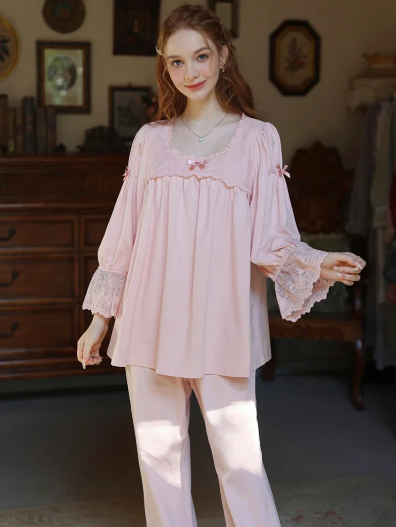 Women Princess Pajamas Spring Autumn Long Sleeve Ruffles Loose French Retro Vintage Top Pants Set Sweet Girl Fairy Sleepwear