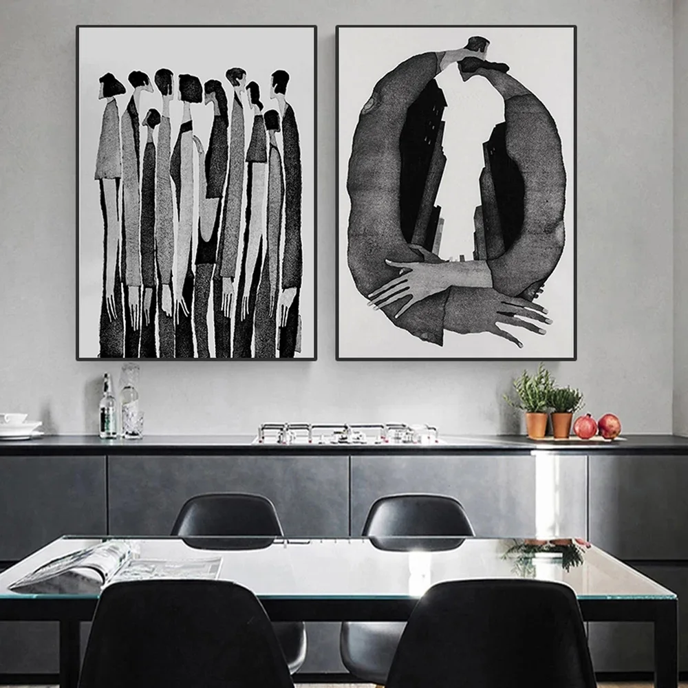 

Abstract Figures Black and White Modern Scandinavian Wall Art Poster Canvas Painting Print Bedroom Living Room Home Decor Gifts