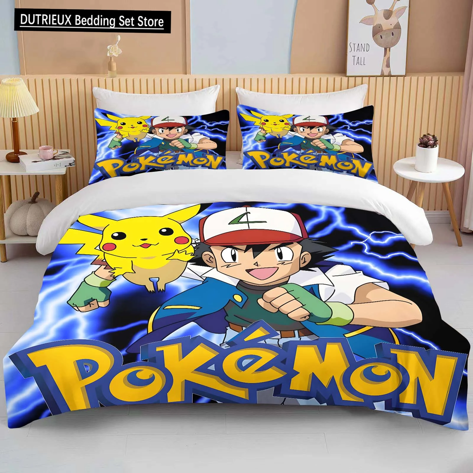ポケモンピカチュウプリント寝具セット漫画アニメマイクロファイバーベッドセット枕カバー大人用ベッドカバー寝室ベッドセット布団