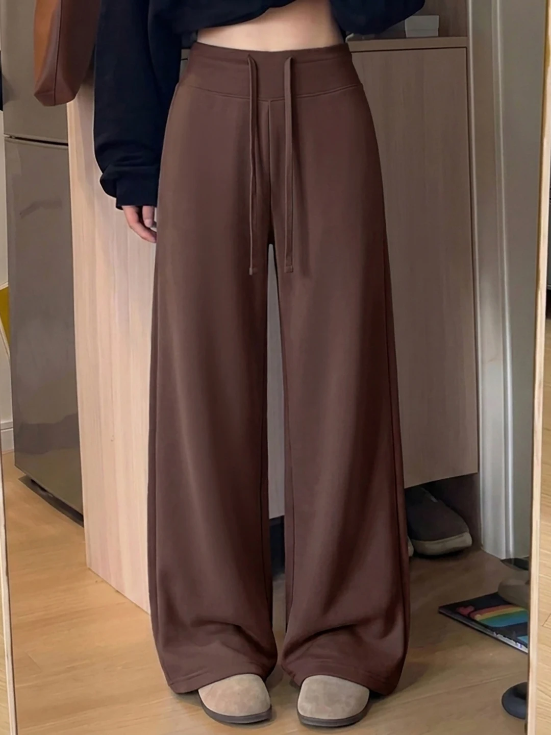 Laid-back Style High Waist Wide Leg Casual Pants Women's Loose Fit Drapey Straight Leg Sweatpants Petite Slimming Floor-Lengt...