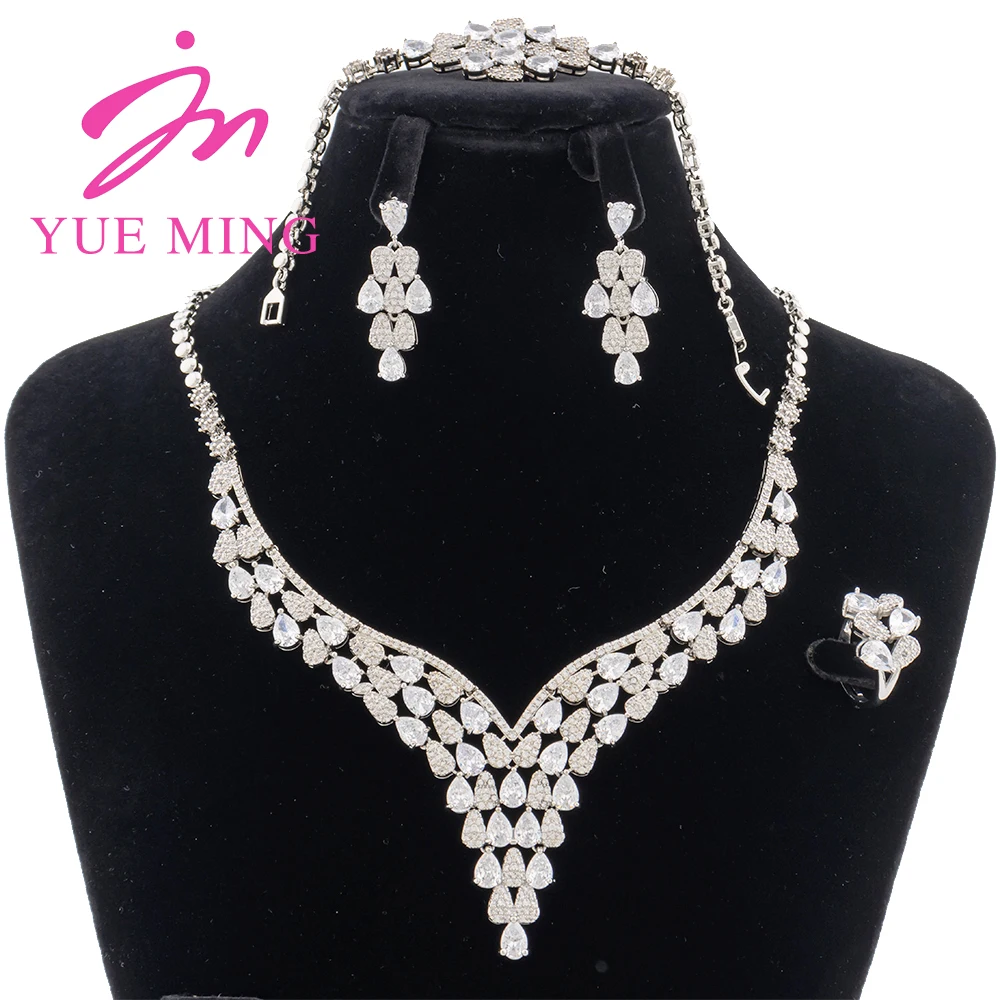 Women's Jewelry Set Brazilian White Rhinestone Pendant Sliver Plated Copper Necklace Drop Earrings Bracelet Ring Wedding Jewelry