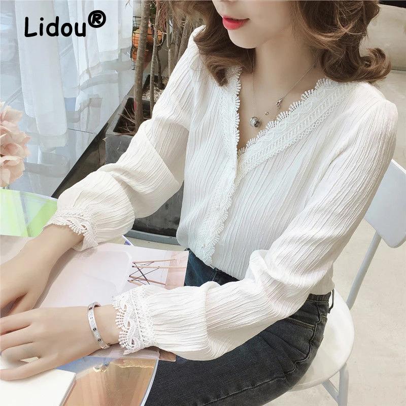 V-Neck Striped Lace White Chiffon Shirt 2022 Spring Summer New Fashion Blouse Long Sleeve Casual Shirt for Female Elegant Shirt