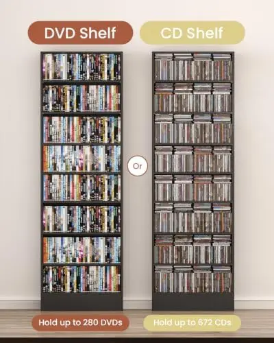 8 Tier DVD Storage Shelf with Adjustable Shelves fits Over Baseboard | Bottom cutout fits baseboard & wall, Adjust