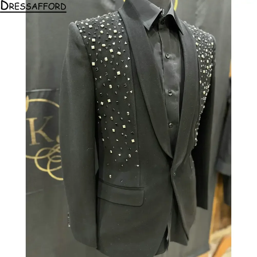 Black Men Suits Diamonds Beading Groom Wedding Tuxedos 2 Pieces Sets Dinner Prom Blazers Terno Masculino Completo