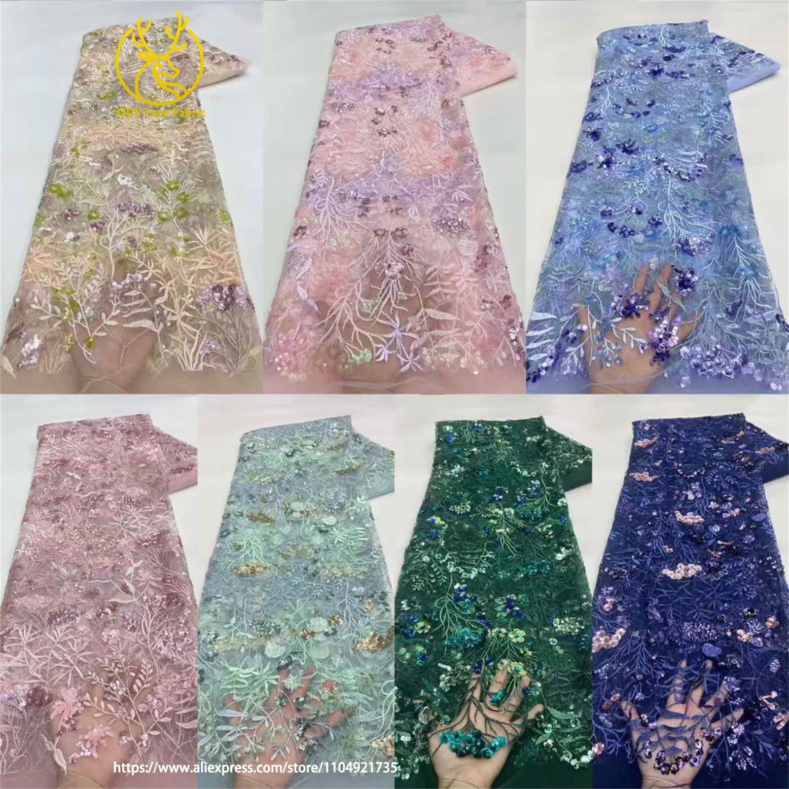 2026 Afrikanischer bestickter Tüll-Spitzenstoff, 5 Yards, hochwertiger nigerianischer Pailletten-Spitzenstoff für Damen-Abendkleider – Detail 9