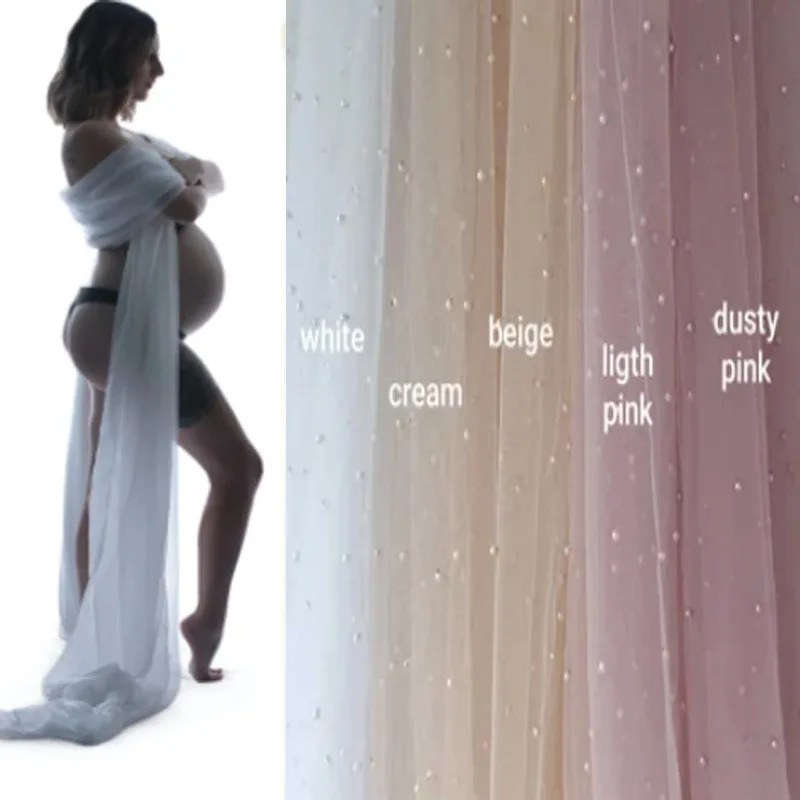 Pearl Embellished Tulle Maternity Photography Veil, Sheer Baby Shower Backdrop & Tossing Scarf, Pregnancy Photo Shoot Dress bebe