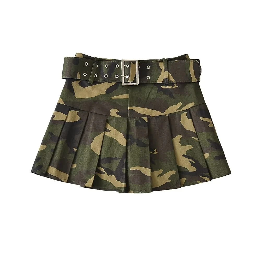 Trend Retro Camouflage Mini Skirt Women Leisure Loose Sexy High Waist Pleated A-line Skirts Female