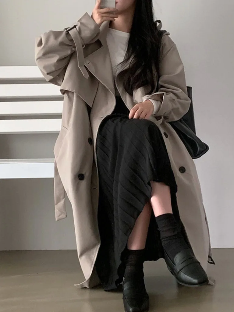 Ele Langer zweireihiger, lockerer Freizeitmantel, Herbst-Winter-Chic-Oberbekleidung für Damen, Pendeln, Pure E-Commerce S