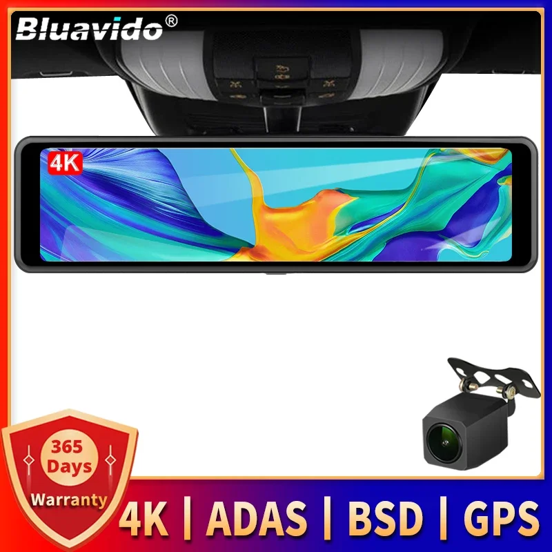 Bluavido 4K Super HD Dash Cam ADAS 11.26 Inch Car Rearview Mirror with Blind Spot Detection Func 1080P Rear Camera Video Recorde