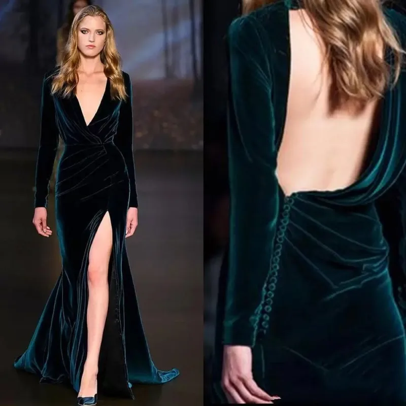 Sexy Emerald Green Evening Formal Dresses V-neck Long Sleeve High Slit Backless Velvet Prom Gowns 2022 Robe De Soirée