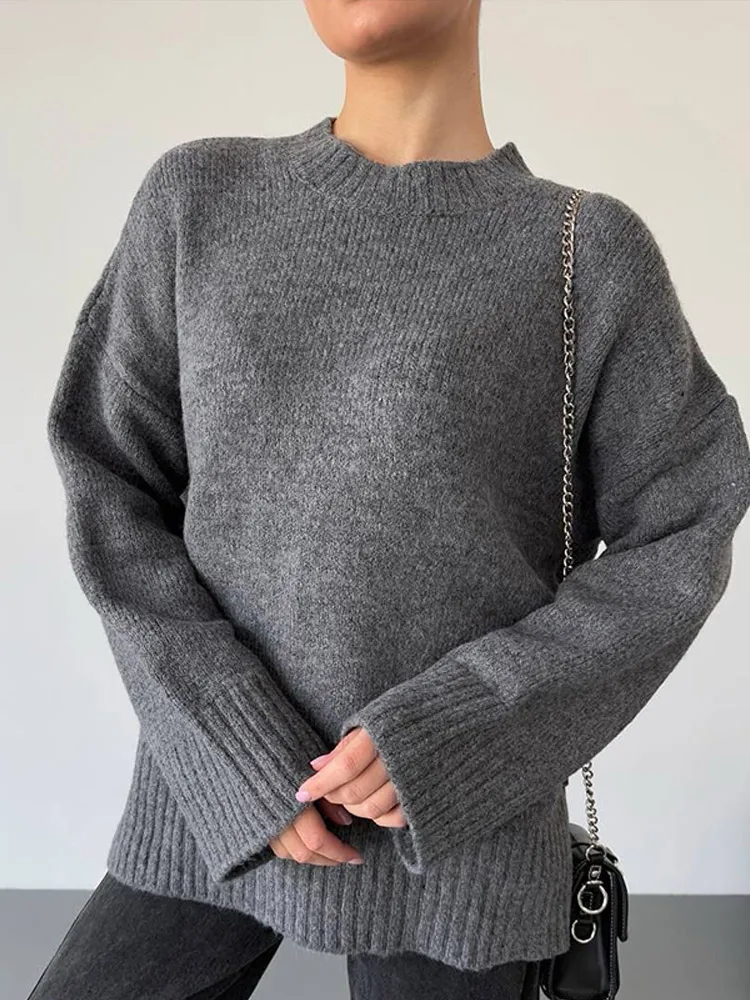 

Grey Casual Knitted Sweater Women Loose Solid Color O-neck Full Sleeve Pullover Fashion New Lady Commute Highstreet Knitwear