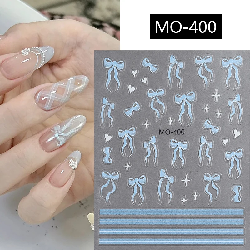 1pc Geel Blauw Strik Nail Art Decals Semi-Transparant Witte Strikjes Zelfklevende Sliders Nagels Stickers Decoraties Voor manicure