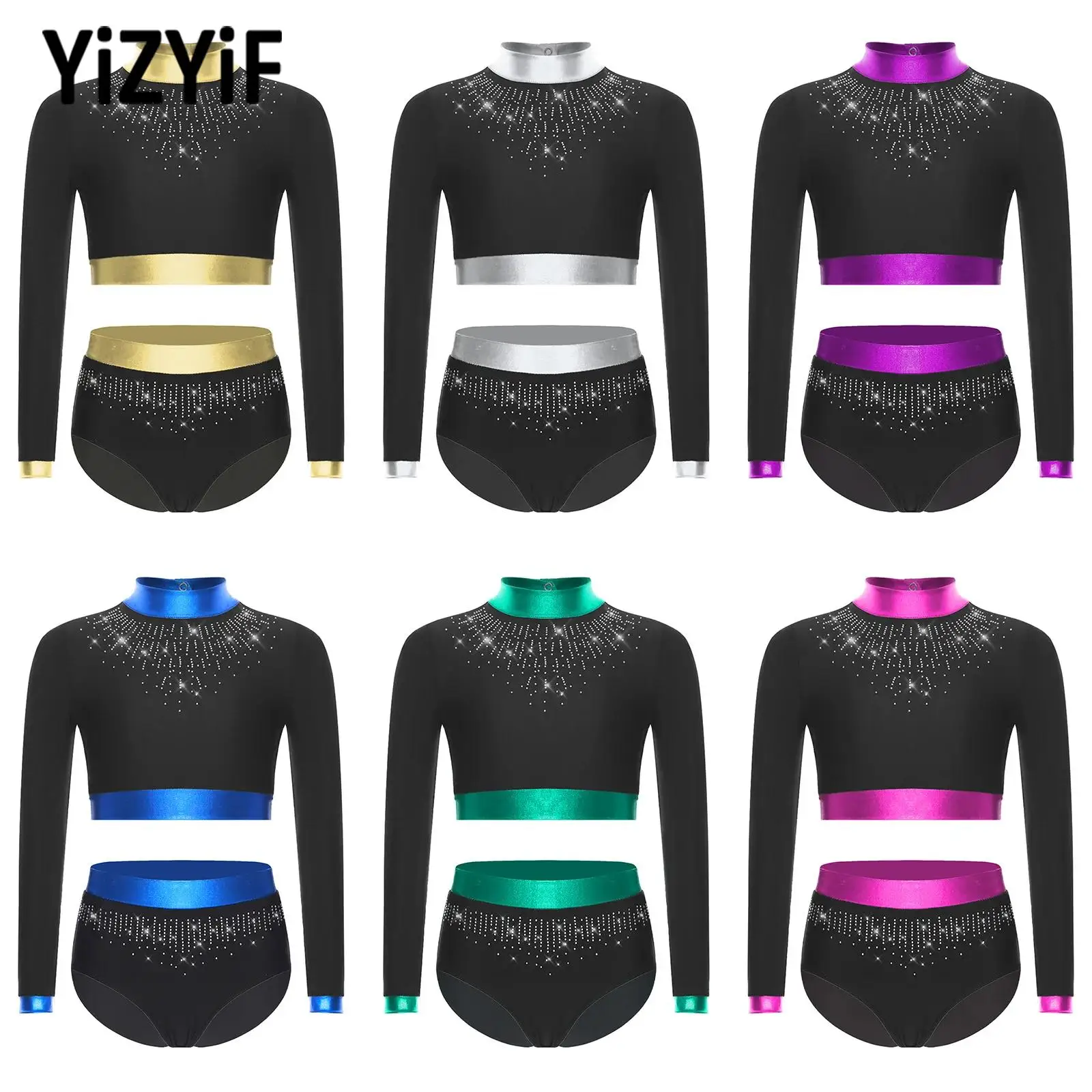 

Rhythmic Gymnastics Ballet Dance Figure Skating Performance Costume Long Sleeves Rhinestones Crop Top+Briefs Set for Kids Girls