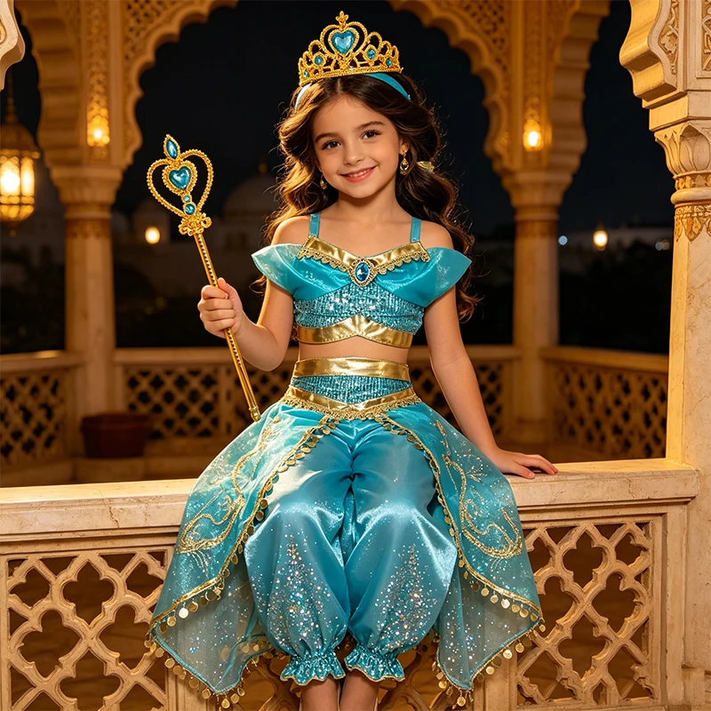 Lovely Jasmine Princess Costume Set for Kids Girls with Sequined Crop Top and Harem Pants for Halloween Birthday Cosplay Party