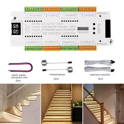 V2 escada led sensor de movimento controlador 32 canais escada interior pir night light dimmer dc 12v 24v para escadas датк дiyahaже estaba