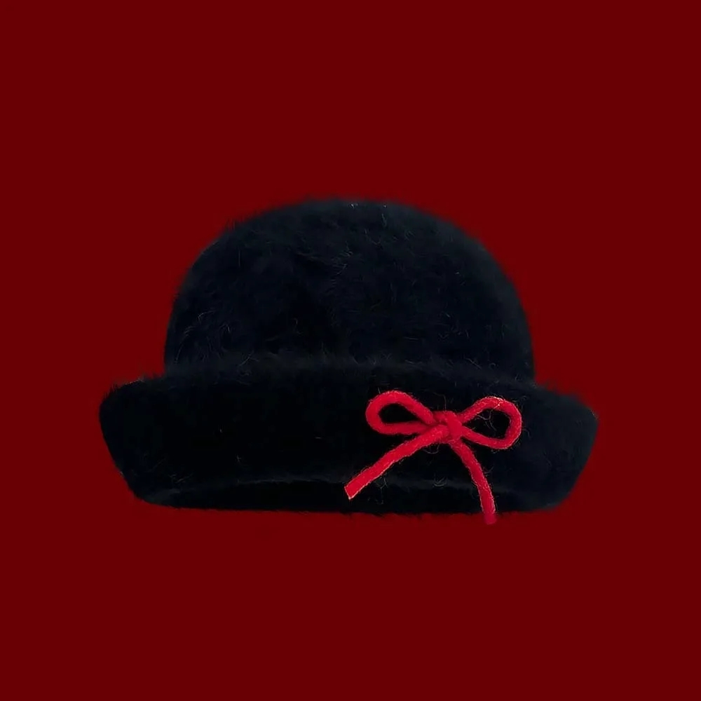 

Basin Hat Vintage Looking Black Bowler Hats Japanese Style Versatile Woolen Bucket Cap Bow White Dome Hat Performances