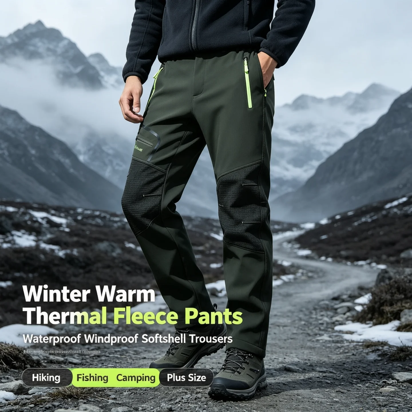 Winter Warm Men's Thermal Fleece Lined Pants Waterproof Windproof Softshell Outdoor Hiking Fishing Camping Trousers Plus Size