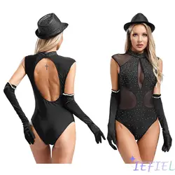 Ladies Jazz Latin Salsa Tango Ballroom Dance Competition Costume Nightclub Dj DS Stage Rave Wear Splice Leotard+Gloves+Hat