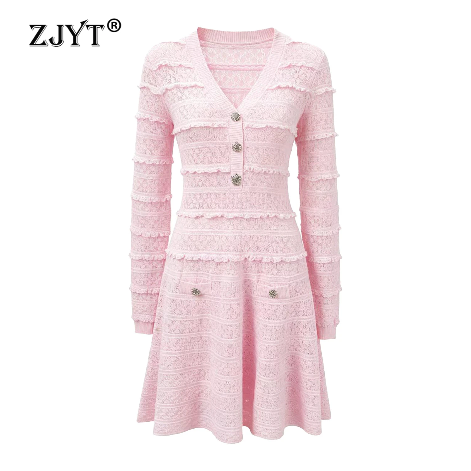 

ZJYT Spring Summer Long Sleeve Knit Sweater Dresses Elegant Ruffles Patchwork Lace White Pink Sweet Casual Party Dress Vestidos