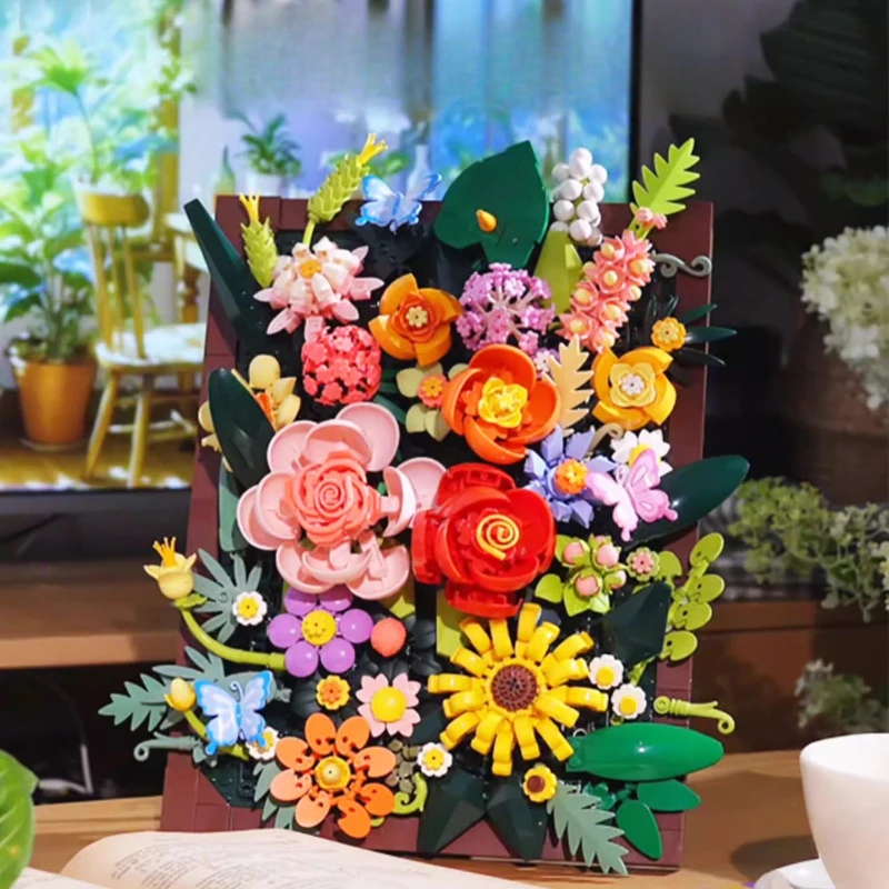 

Строительные блоки с подсолнухом, трехмерное цветочное художественное украшение, роза, креативная сборка, настольные украшения ручной работы, подарок