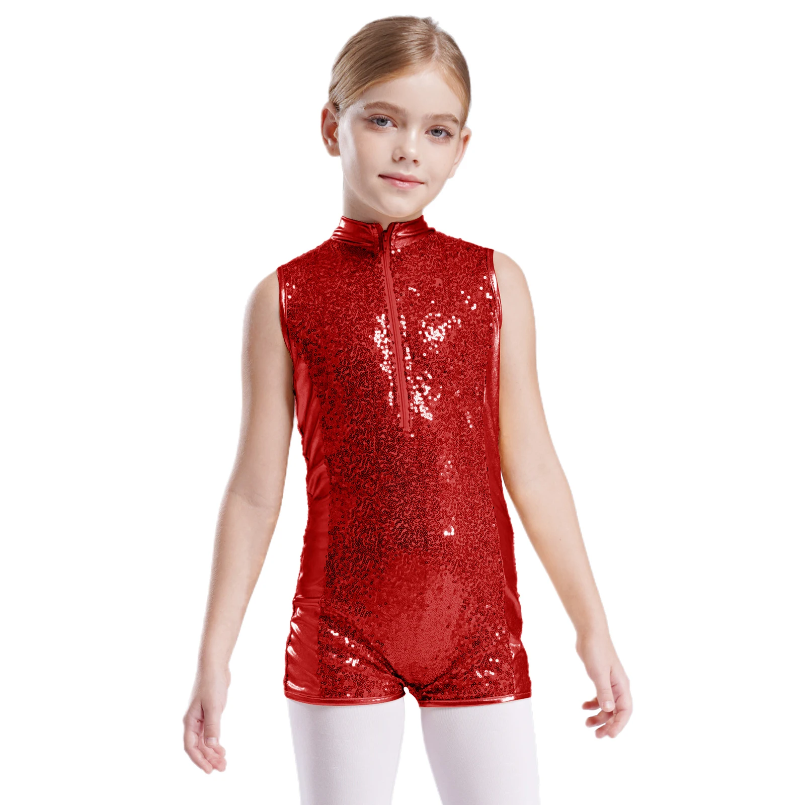 

Kids Girls Gymnastics Dance Jumpsuit Stand Collar Sleeveless Sparkly Sequins Leotard Bodysuit Jazz Ballet Performance Dancewear