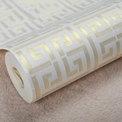 10M 3D White Gold Greek Key Pattern Non self-adhesive Wallpaper Modern Home Decoration Wallpaper Home Bedroom Decor