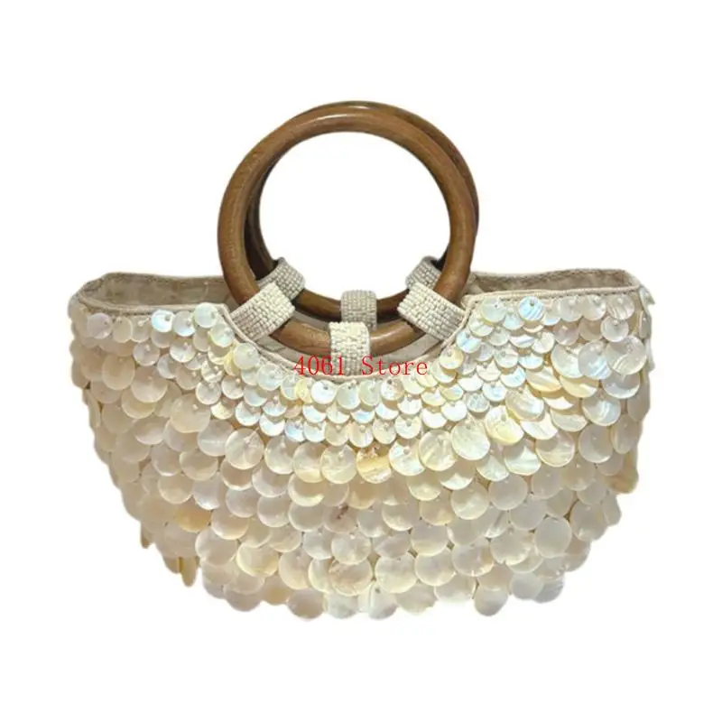 

Stylish Woven Embellished Beach Bag With Wooden Handle Fashion Handbag Vacation Bag For Travel Trips Or Night Out