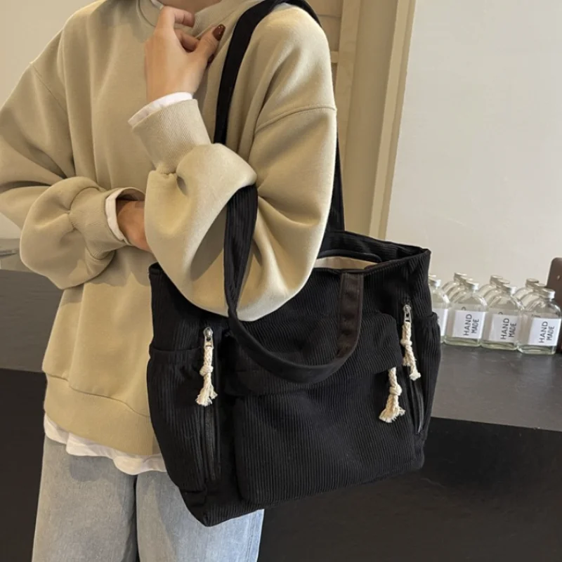 

2025 new Vintage Women's Corduroy Tote Bag Multiple Pockets Shoulder Bag Large Capacity Commuting Handbag